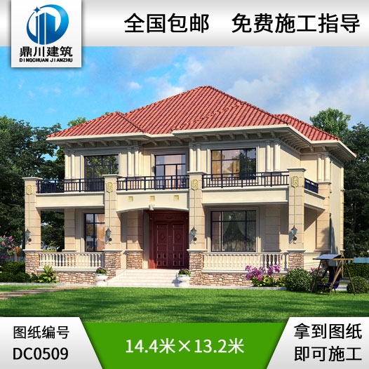 新歐式二層帶露臺別墅設計效果圖及施工圖_農村兩層別墅設計圖紙,鼎川建筑