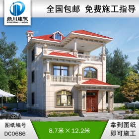 新農村歐式三層小戶型帶露臺別墅效果圖及施工圖_鄉村實用自建房設計,鼎川建筑