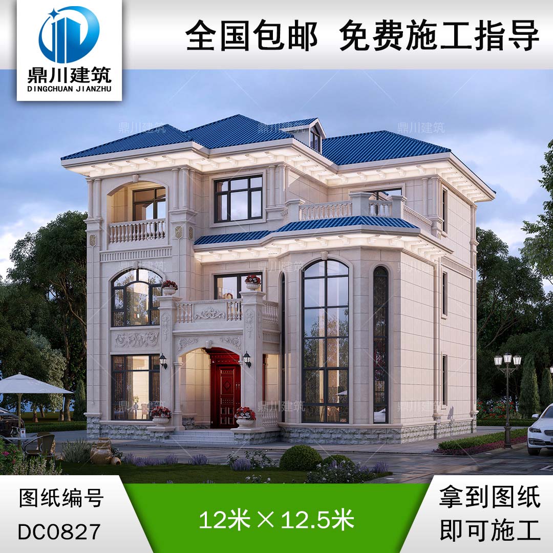 歐式三層帶露臺復式別墅施工圖紙及效果圖_新農村自建房屋設計,鼎川建筑