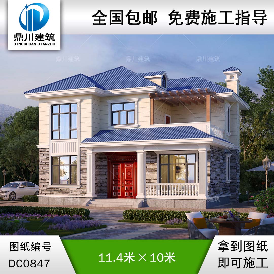 簡約二層帶露臺小別墅施工圖紙及效果圖_農村自建房屋設計,鼎川建筑