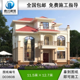 復式三層帶露臺歐式別墅外觀效果圖_農村三層別墅設計圖紙及施工圖,鼎川建筑