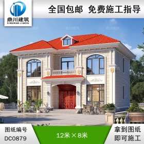 歐式二層帶露臺小別墅外觀效果圖及施工圖紙_農(nóng)村自建房設(shè)計(jì),鼎川建筑