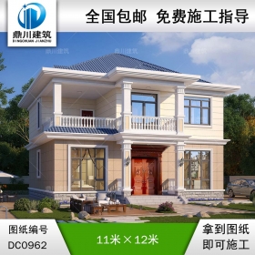 歐式二層帶陽臺別墅效果圖及施工圖紙_農村自建房設計,鼎川建筑