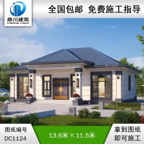 新中式一層別墅施工圖紙及外觀效果圖_農村自建房設計,鼎川建筑